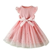 Kids Dress Baby Girls Bowknot Ruffle Short Sleeve Tulle Birthday Dresses Patchwork Party Dress Princess Dress Outfits Clothes Little Children Girl Summer Trendy Dress 4-5 Years
